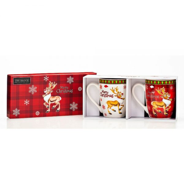 Set of 2 Mugs One Reindeer Design