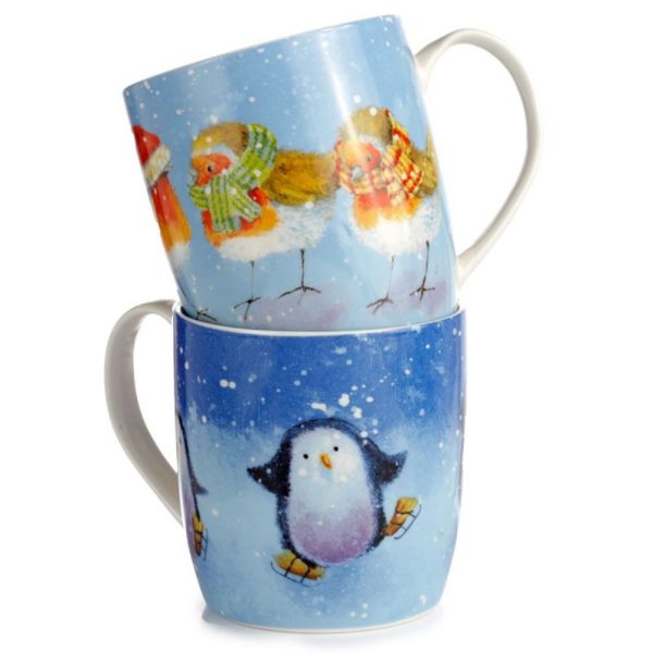 Robin and Penguins Set of 2 Porcelain Mugs