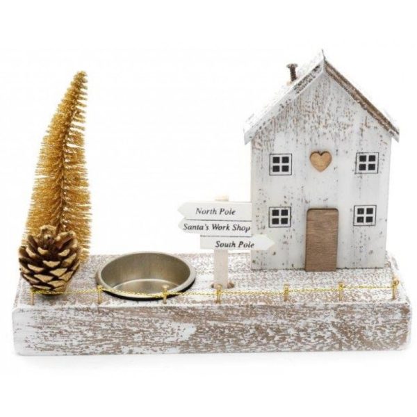 White Wooden Xmas House with Tlite Holder