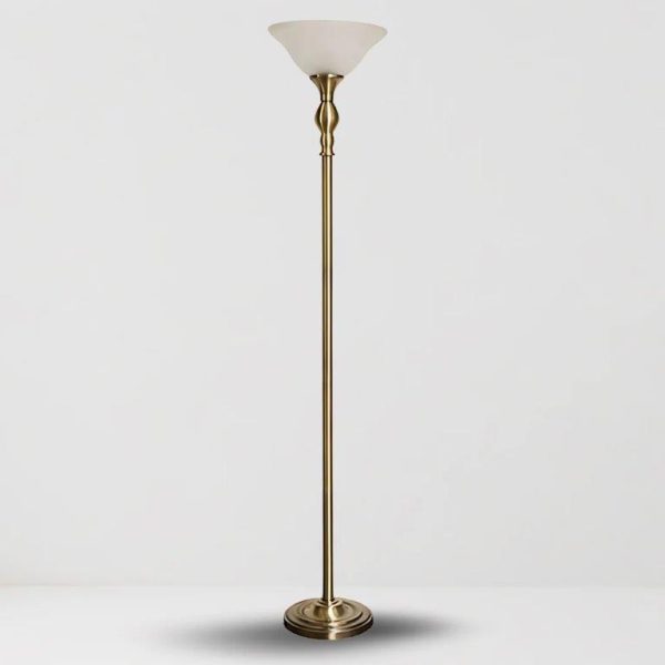 brass colour uplighter with frosted shade h184cm