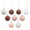 box set of 9 pink and white velvet baubles 8cm