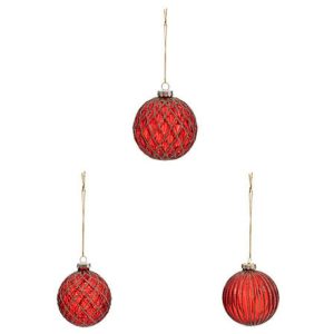 set of 3 glass baubles red 8cm