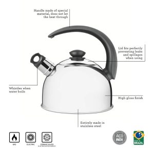 tramontina stainless steel whistling kettle 2.1l