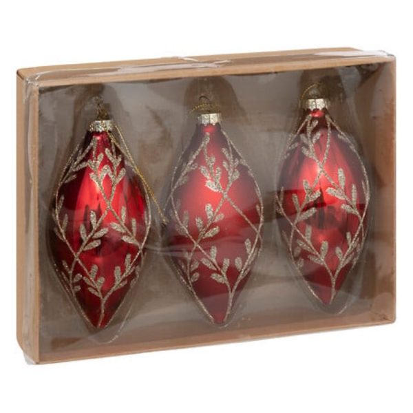 set of 3 glass drop baubles red 13cm