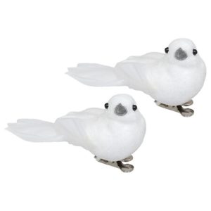 set of 2 birds with featherd wings white 10cm