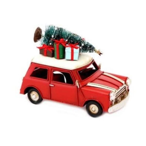 metal christmas car red with tree 160x80x105mm