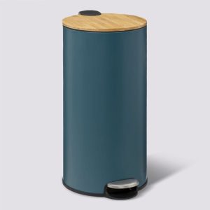 30l round petrol blue metal and bamboo pedal bin