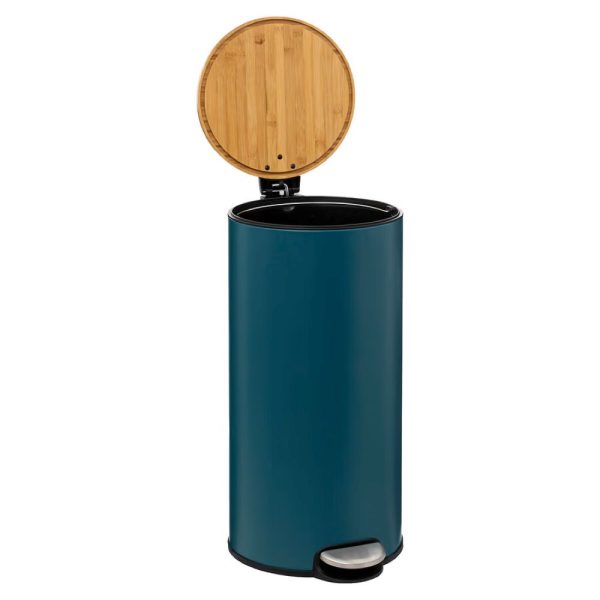 30l round petrol blue metal and bamboo pedal bin