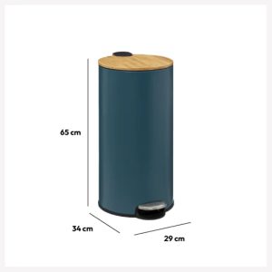 30l round petrol blue metal and bamboo pedal bin