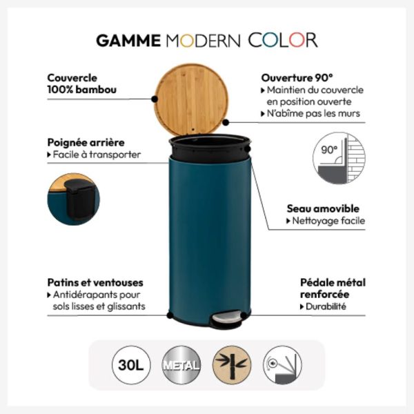 30l round petrol blue metal and bamboo pedal bin