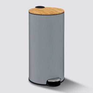 30l round grey metal and bamboo pedal bin