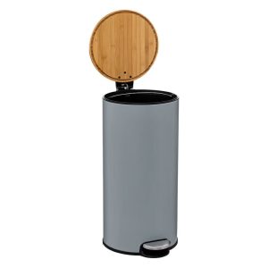 30l round grey metal and bamboo pedal bin